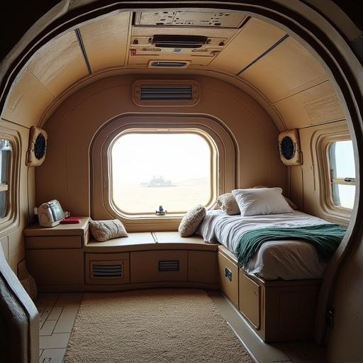 Depicts a small bedroom interior inspired by a fictional spaceship from a popular sci-fi franchise. Features a bed, window, and furnishings within an enclosed space.