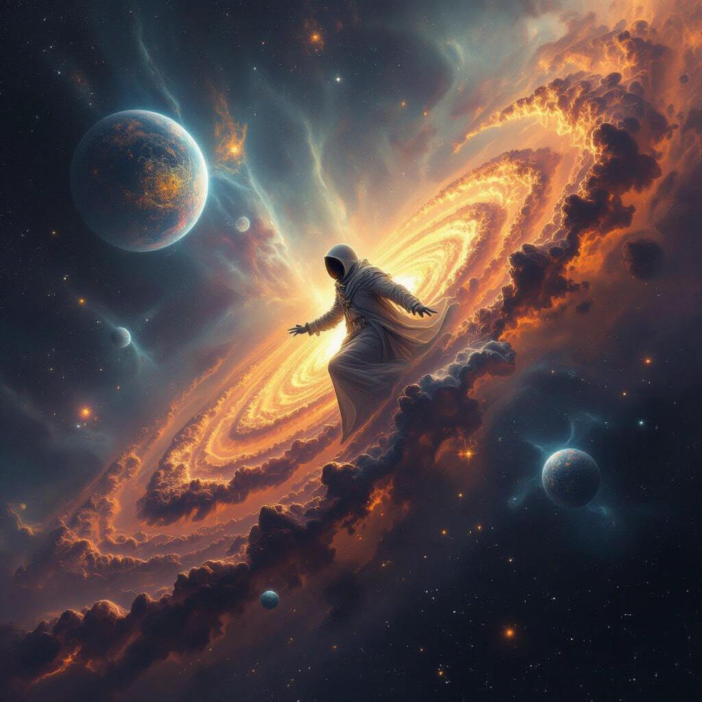 Imagery of a wizard in space among a colorful nebula. Elements of surrealism and high-tech are integrated. A Mandelbrot structure is subtly present. Multiple planets can be seen surrounding the scene.