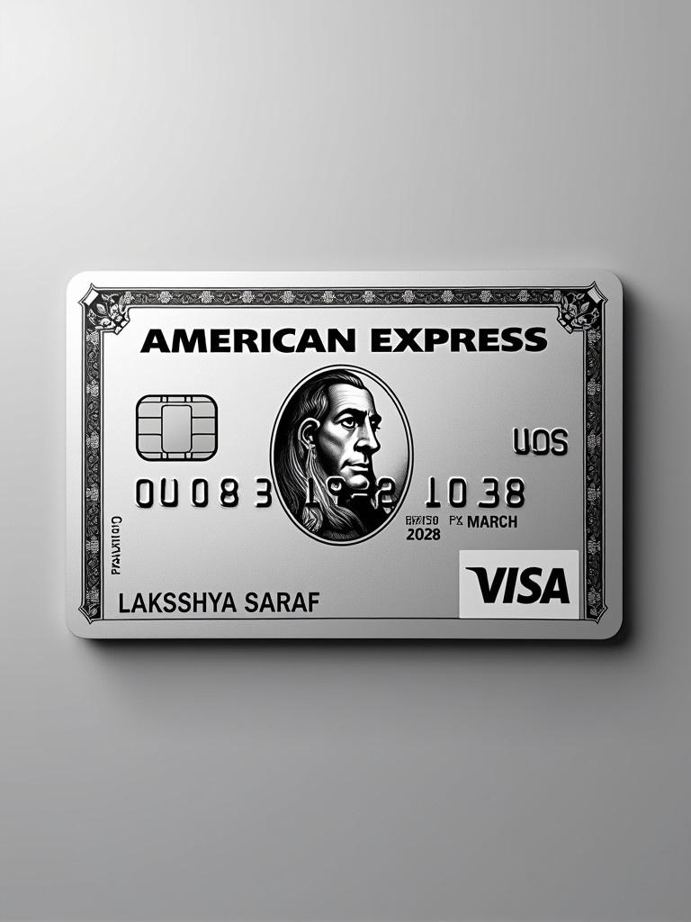 Realistic image of a platinum American Express credit card. Prominent Visa logo is present. Cardholder name is Lakshya Saraf. Expiry date is March 2028. Silver background with bold black font gives a modern elegant look.