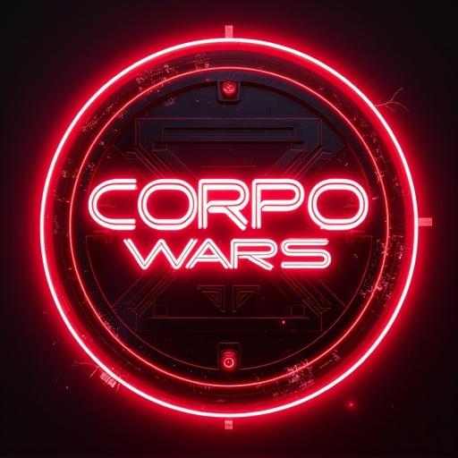 Cyberpunk round emblem with words 'Corpo Wars' in red neon lights.