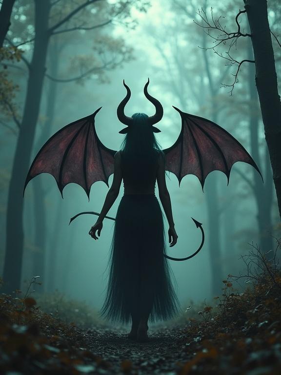 A character with horns and bat wings walks slowly through a misty forest. Hyper realistic fantasy style.