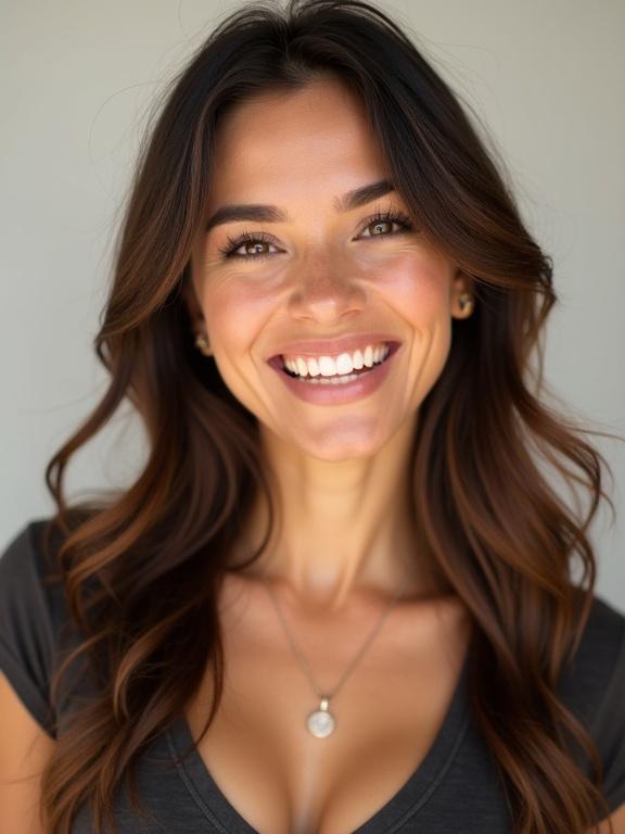 Close-up portrait of a smiling woman with wavy brown hair. Smooth skin with warm complexion. Well-defined eyebrows and long eyelashes enhance her expressive eyes. Bright white smile with even teeth. Subtle makeup features natural lip color. Small earrings adorn her ears. Simple necklace with round pendant near collarbone. Casual dark V-neck top. Light-colored background highlighting her warmth and invitation.
