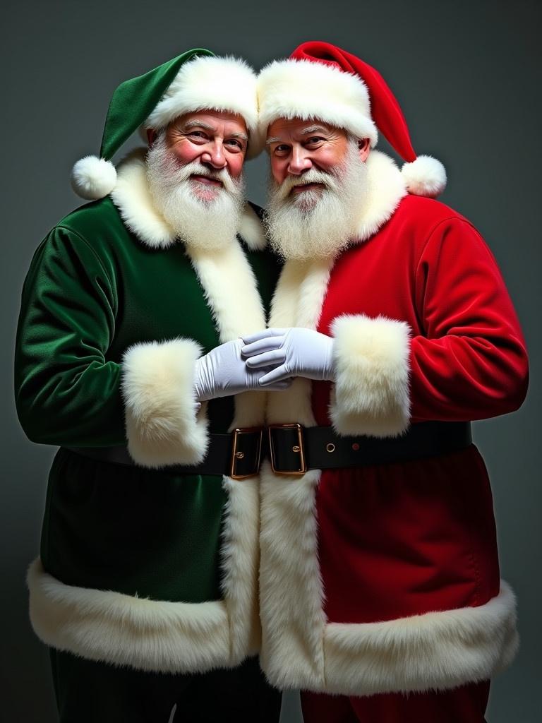 Image shows two Santa Claus characters. One wears a green suit while the other wears a red suit. They stand close together with their gloves clasped. Both are dressed in traditional Santa attire. Background is neutral and soft.