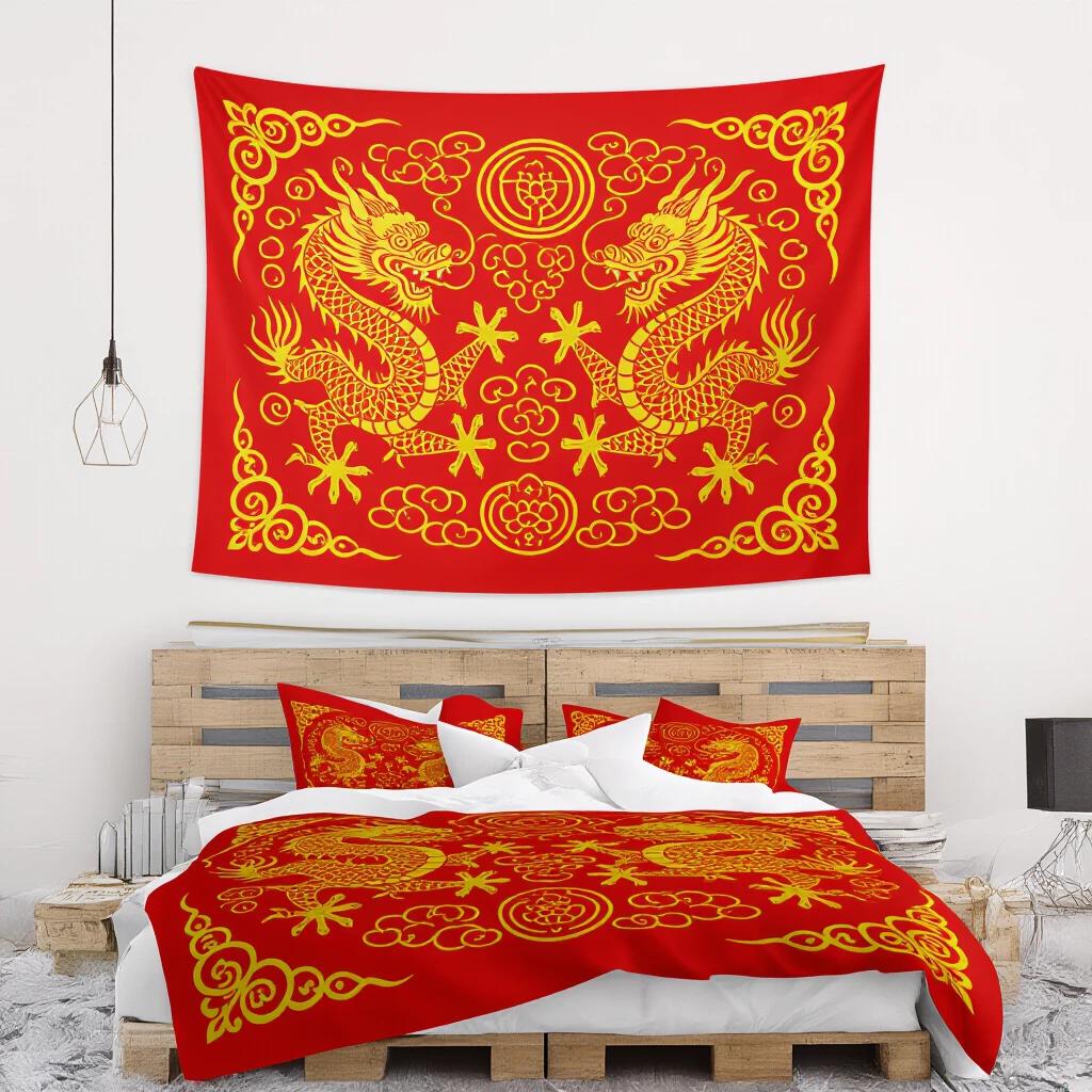 Red wooden Chinese tapestry with intricate gold dragons drawn prominently. Artwork displayed above a neatly arranged bed with matching red and gold bedding. An inviting and vibrant atmosphere in a contemporary setting.