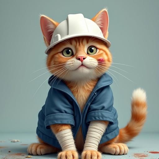 A semi-realistic cat wearing a white hard hat and blue work jacket. The cat has a comical injured expression, with bandages and one arm in a cast. The cat is sitting awkwardly on the ground, with eyes slightly crossed and visible bruises and scratches. The scene depicts a humorous accident aftermath.