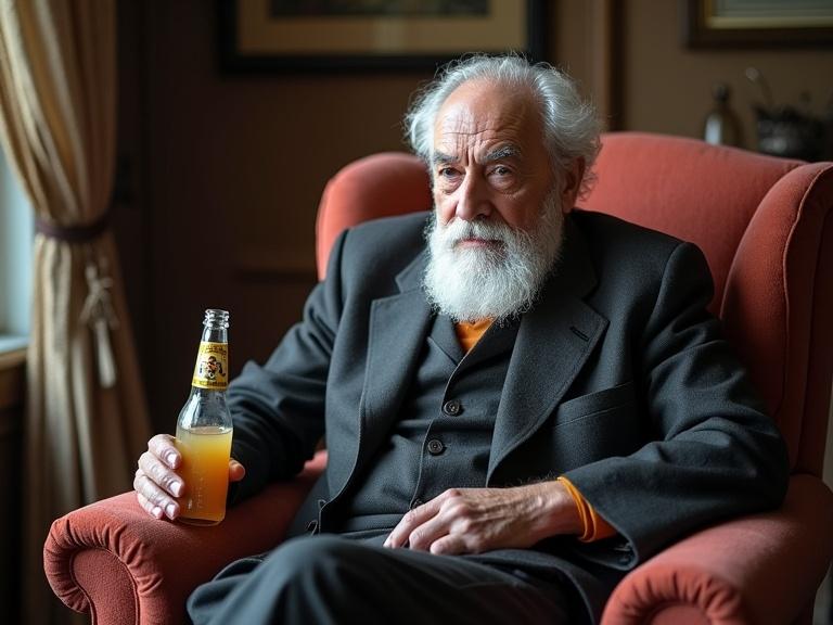 An elderly man with a beard sitting in a chair holding a bottle of drink. He looks contemplative and serious. The room has a warm ambiance and vintage decor.
