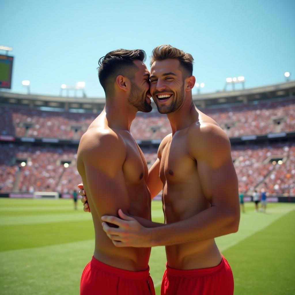 Two athletic men embrace in joy on a sports field. They are shirtless and wearing red speedos. The background shows a lively crowd under a sunny sky. Sportsmanship and affection are evident. This symbolizes unity in the sports community.