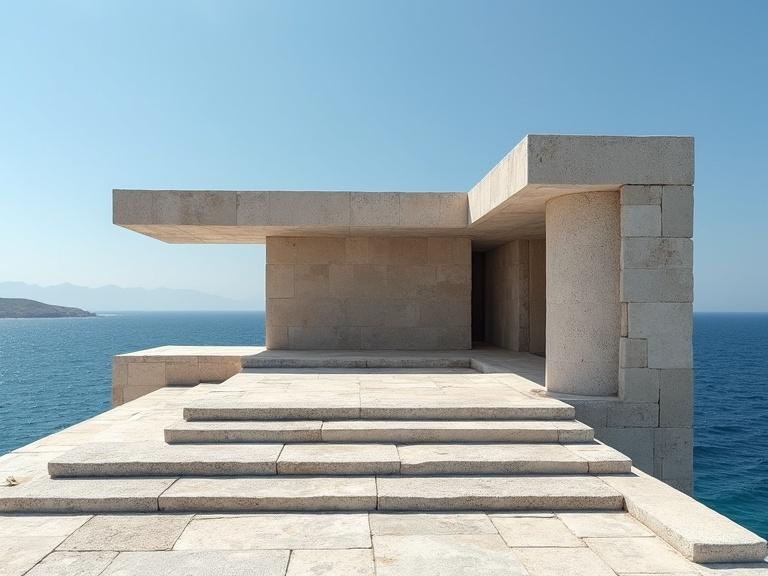 A modern abandoned structure made of stone slabs and granite. The building features horizontal architectural elements overlooking the ocean. It is situated against a backdrop of a clear blue sky. The structure appears contemporary and minimalist.