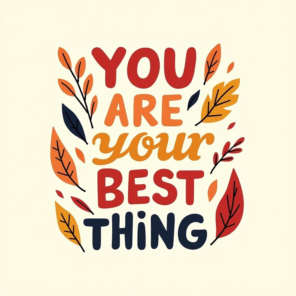 Text image features the phrase 'YOU ARE YOUR BEST THING'. Colorful typography design with a playful style. Surrounded by decorative leaves and abstract shapes. Color scheme of reds, oranges, yellows on a light backdrop. Ideal for inspiration and motivation.