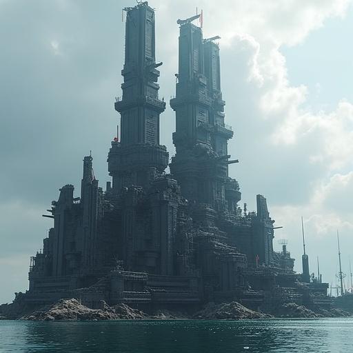 The image shows a massive, fortress-like structure known as the Iron Tide District located on an artificial island. Three towering interconnected skyscrapers resemble leaning ships and have scalelike armor plating as drone docks. A central dry dock spire is prominent, with visible welding plasma at night. Retractable platforms for events are featured, and a drone exclusion zone surrounds the area.