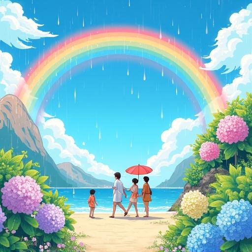 An exciting anime-style illustration depicting the theme of enjoying the rainy season with three recommended domestic travel destinations for June Featuring vivacious characters and a bright atmosphere. Left side shows raindrops and colorful hydrangeas. Center includes a large rainbow. Right side features happy travelers. Background is a clear blue sky after rain. No text included.