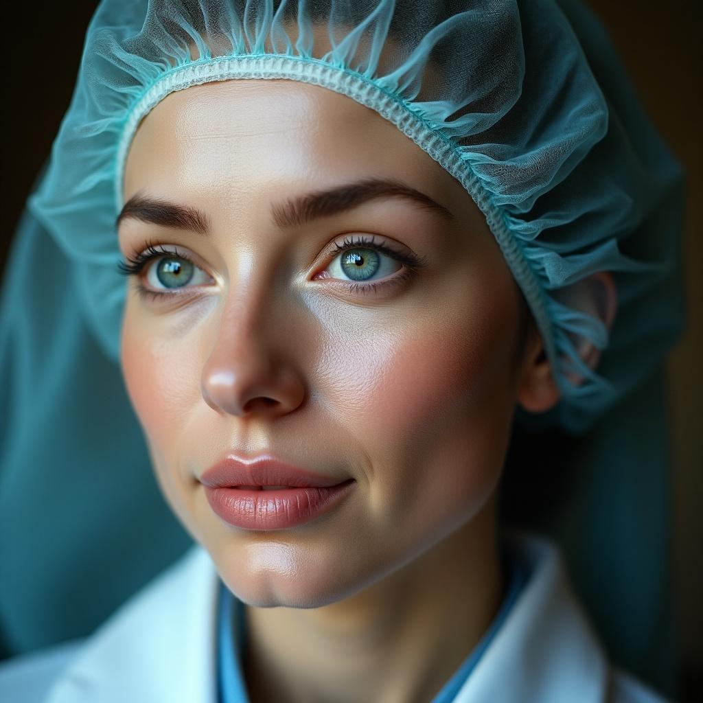 Portrait of a beautiful healthcare professional. Model with a slight smile. She wears a medical cap and a white coat. Focus on her captivating eyes and skin tones. Soft light enhances details.