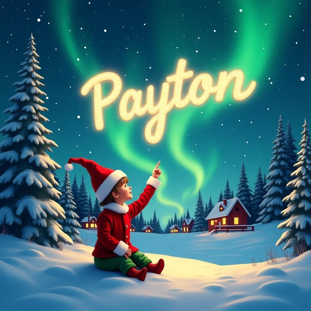 An imaginative scene featuring a child dressed as an elf sitting in the snow on a clear night. The elf is joyfully pointing to the sky where the name 'Payton' appears illuminated by the glowing northern lights. Surrounding the elf are tall snow-covered trees, and distant houses softly lit, creating a warm atmosphere in the cold winter night. The northern lights cascade in vibrant greens and blues across the starry sky, enhancing the magical feel of the moment. It's a whimsical holiday illustration designed to evoke childlike wonder and holiday cheer.