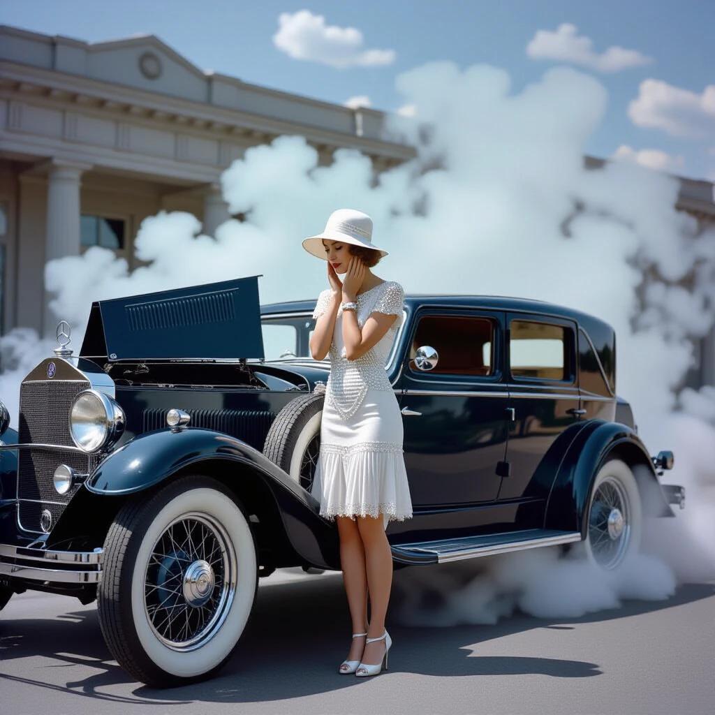 Comedic scene featuring woman in cloche hat and beaded dress beside vintage Mercedes-Benz. Woman leans over car hood with hands on cheeks. Hood opened revealing engine. Thick steam erupts from boiling radiator creating a sense of panic. Background includes misty mountains. Setting evokes 1920s vintage style.