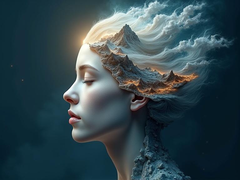 Create an evocative artwork inspired by a human face seamlessly integrated with a surreal natural landscape. Include a side profile of a smooth, serene face with closed eyes. Use soft, glowing light while blending human features with mountain peaks, swirling clouds, and water elements. Utilize a color palette of deep blues, cool whites, and warm golden hues with rich textures. Set the scene against a dark blue backdrop to highlight the ethereal theme. Explore themes of unity between humanity and nature through symbolic representation in a blend of realism and surrealism.