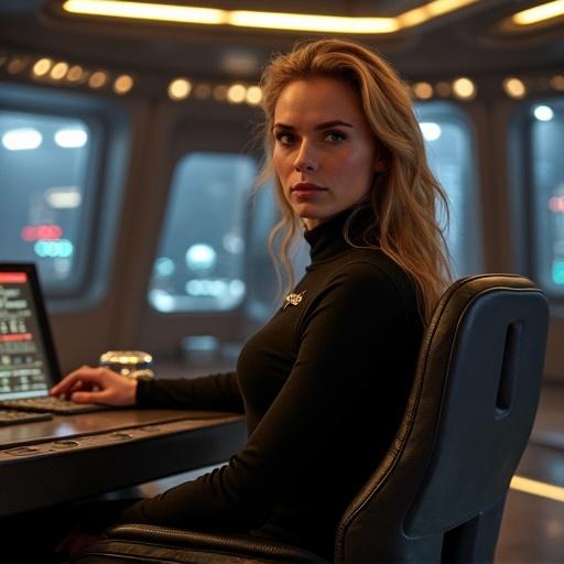 A female officer in a starfleet uniform is seated at a captain's chair. The bridge of the starship is visible with control panels around. The design reflects a futuristic aesthetic with a sci-fi theme.