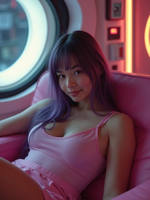 Young girl reclines on a futuristic plastic sofa inside a sci-fi spacecraft. She has violet hair and wears a plastic tank top and miniskirt. She looks happy and shy, with freckles and dark brown eyes, in a retro-futuristic room. Photography is half-body with warm lighting and a soft background focus.