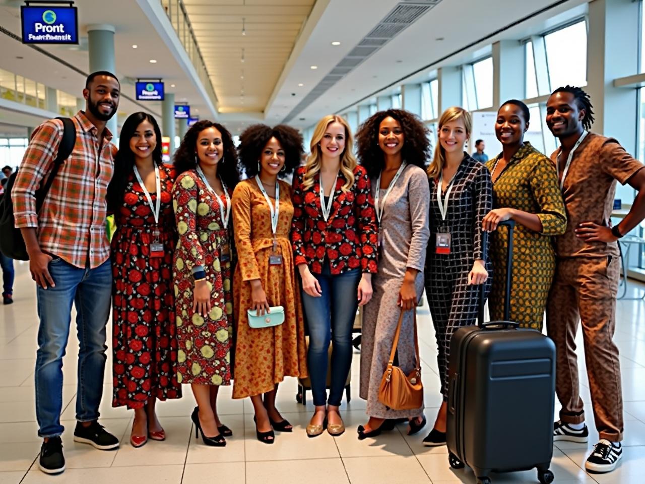 A group of diverse individuals pose together at an airport. They are dressed in various colorful, patterned outfits, suggesting a cultural or themed gathering. The group appears happy and excited, possibly embarking on a journey. Each person is carrying travel bags or accessories, indicative of upcoming travel plans. A sign in the background shows the name of the airport or destination, adding context to the setting.