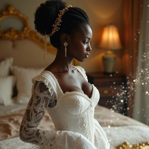 Afro goddess inspired by Yemọja in opulent Western-style bedroom. Deep black skin and delicate Japanese beauty features. Traditional Japanese bun hairstyle with kanzashi ornaments. Wearing luxurious white maid uniform adorned with lace. Performing bed-making gracefully. Glowing golden eyes and mystical magical particles in the background.