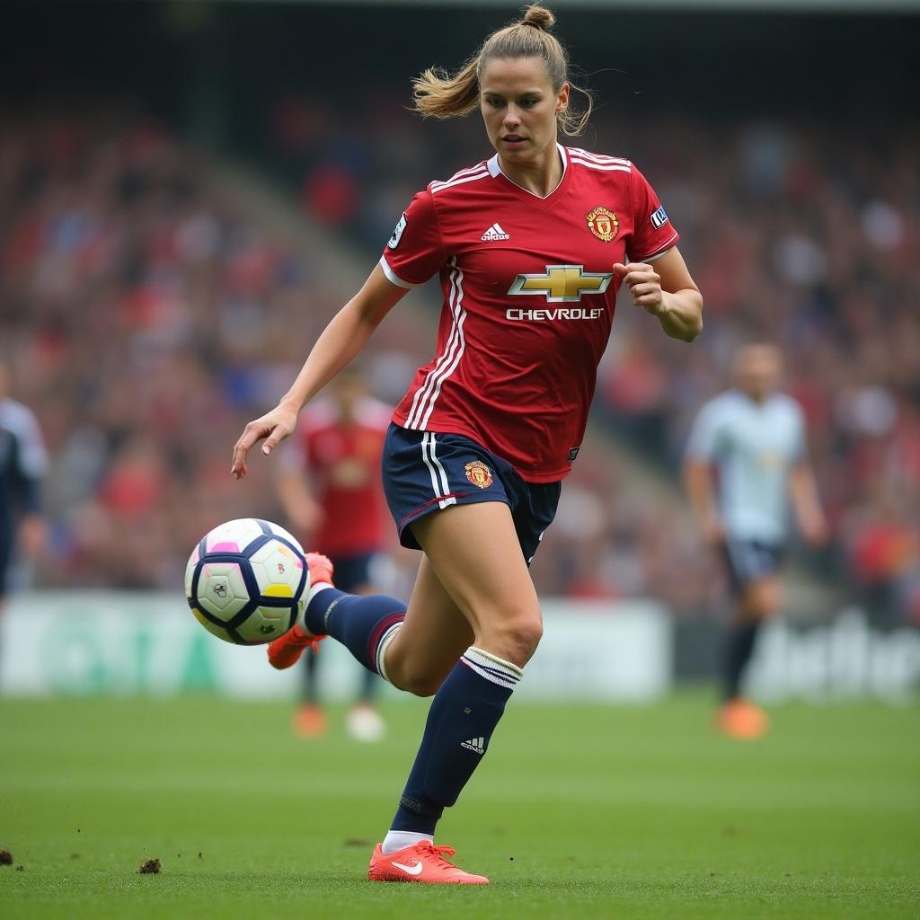 Female athlete scores a goal wearing a Manchester United jersey. Action shot taken during a soccer game. Focus on the movement and energy of the moment.