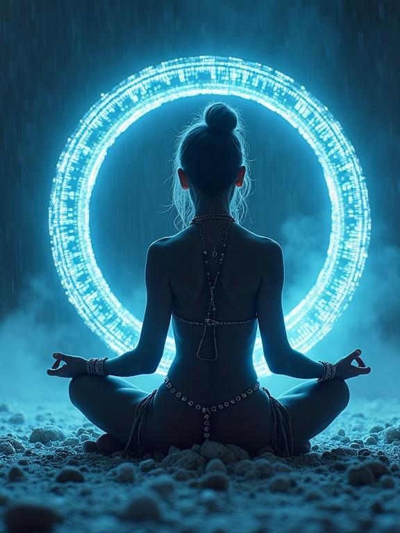 Tribal girl sitting in meditation inside a glowing ring of code. Nanomachine patterns visible under skin. Metal rosary wrapped around fingers. Breath visible in cold. Lighting effects create a surreal look.