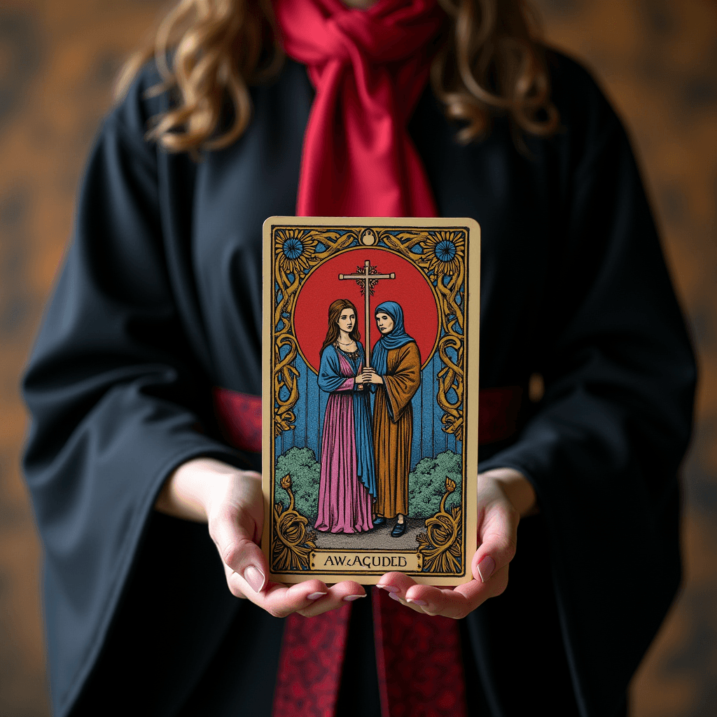 A person dressed in a black robe with a red scarf holds a decorative card featuring two women in traditional robes, set against an ornate background with a cross and floral designs.