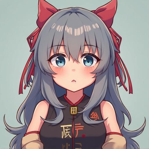 A digital illustration of an anime character. The character has long gray hair and prominent blue eyes. The character wears a tank top and has red ribbons in her hair. She looks surprised or contemplative.