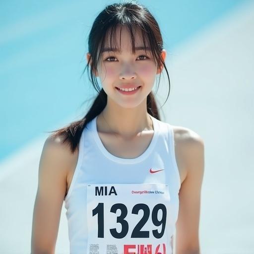 Photo of attractive mixed Japanese Korean and French track-and-field athlete. She is 21 years old renowned model. Hair in a ponytail. Wearing white uniform with bibs. Gentle smile. Light blue and white background. Front view. The word MIA and number 1329 on the bib. Flash used.