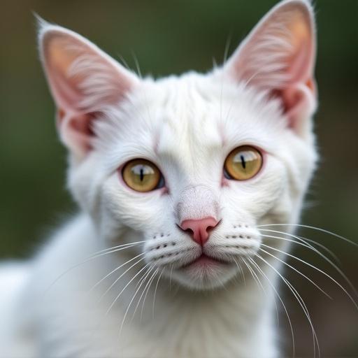 Close-up image of a white cat with yellow eyes. The focus is on the face capturing the cat's expression and features.