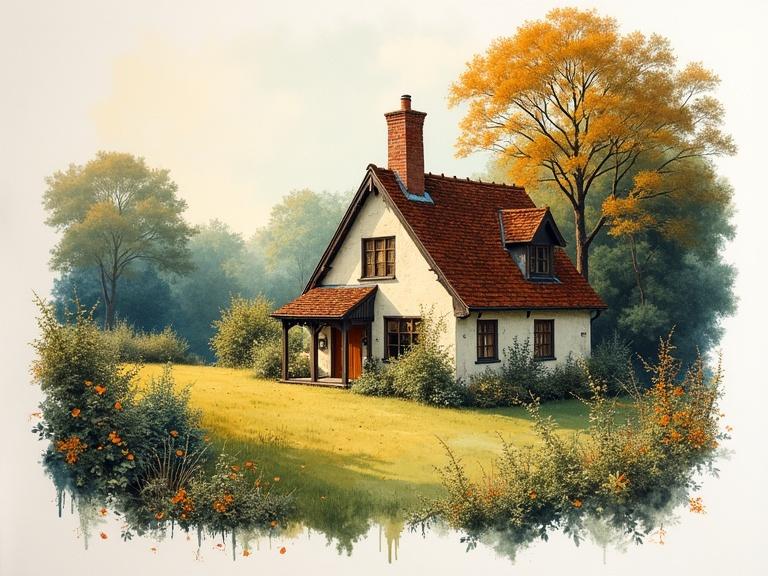 A picturesque English cottage. Surrounded by a beautiful fantasy landscape. Features gold foil details and luxury colors. Includes ample splashy white border. Ultra detailed with riotous colors. Focused on nature and tranquility.