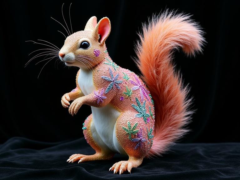 Fantasy squirrel sculpture made of crystals with cannabis leaf patterns. Sparkling colors include pink green gold and violet. Squirrel stands upright playfully on black velvet. Hyperrealistic and detailed.