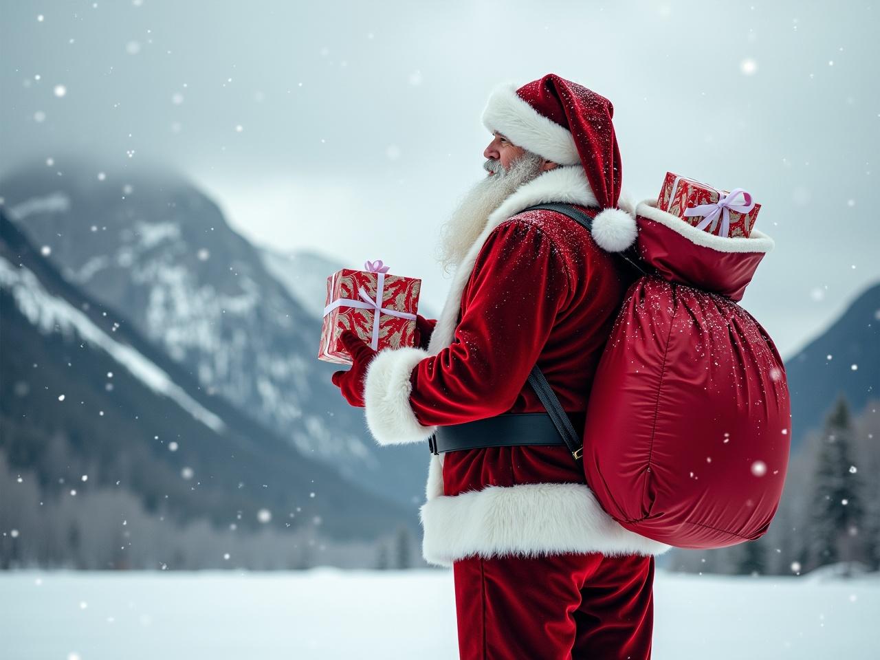 This image features a figure dressed as Santa Claus, standing in a snowy landscape. Santa is turned away from the camera, allowing the viewer to see his iconic red suit and white fur trim. He holds a large sack over one shoulder, filled presumably with gifts, and a small present wrapped in red and white paper in his hand. The background is picturesque, with snow-covered mountains and a cloudy sky adding to the wintery scene. Snowflakes gently fall around him, enhancing the magical atmosphere of the moment.