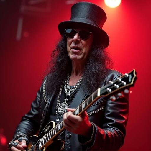 Musician in black attire wearing a top hat playing guitar on stage. Red lights in background. Text displays horror show.