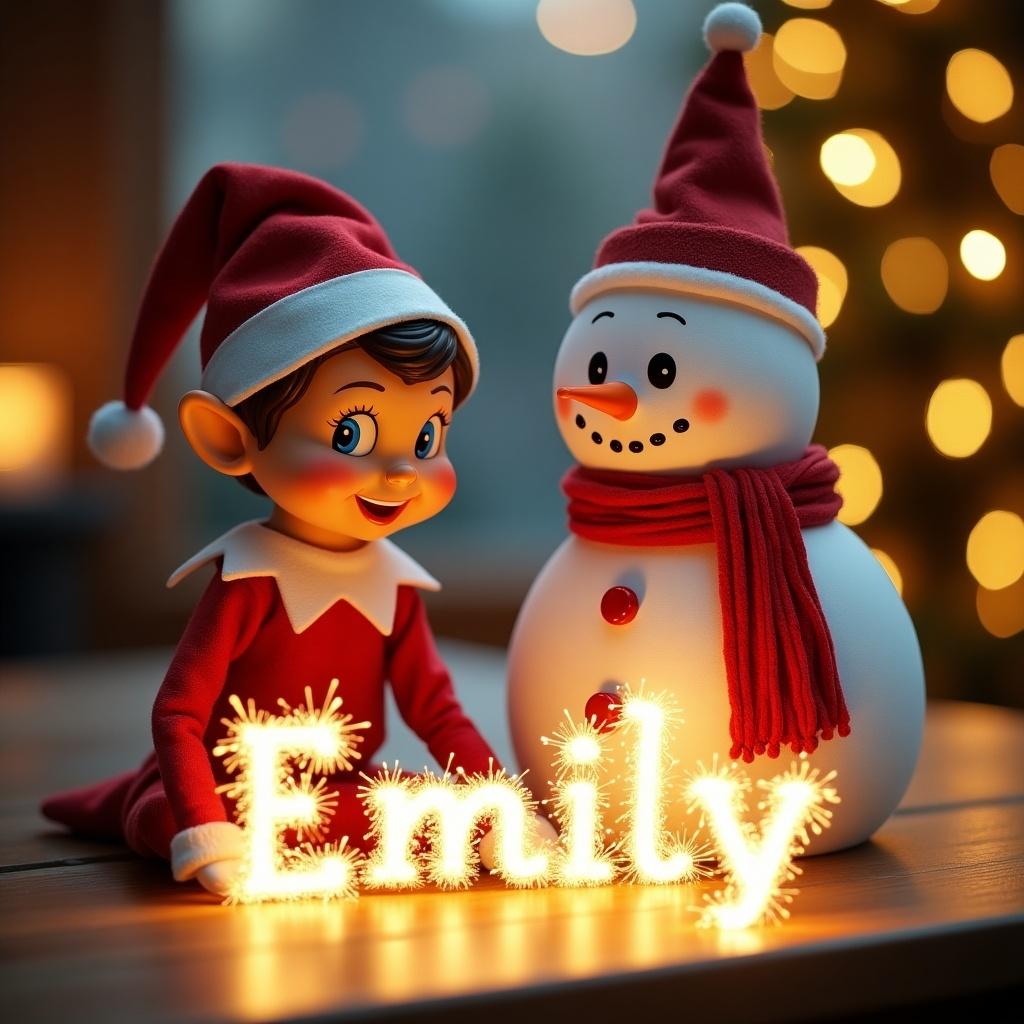 Cheerful elf and snowman interact during Christmas. They sit on a wooden table with twinkling lights. Elf wears a red and white outfit. Snowman has a friendly smile and a red scarf. Characters focus on sparkles spelling 'Emily'. Scene captures holiday joy.