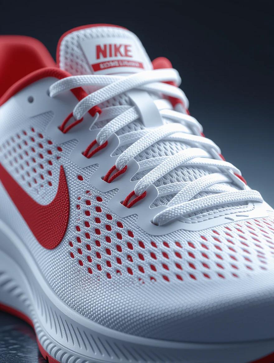 Extreme close-up of Nike running shoe. Shoe features white and red colorway. Focus on stitching and fabric texture. Shows visible fibers and seams in high detail. Soft diffused lighting creates realistic look with shallow depth of field.