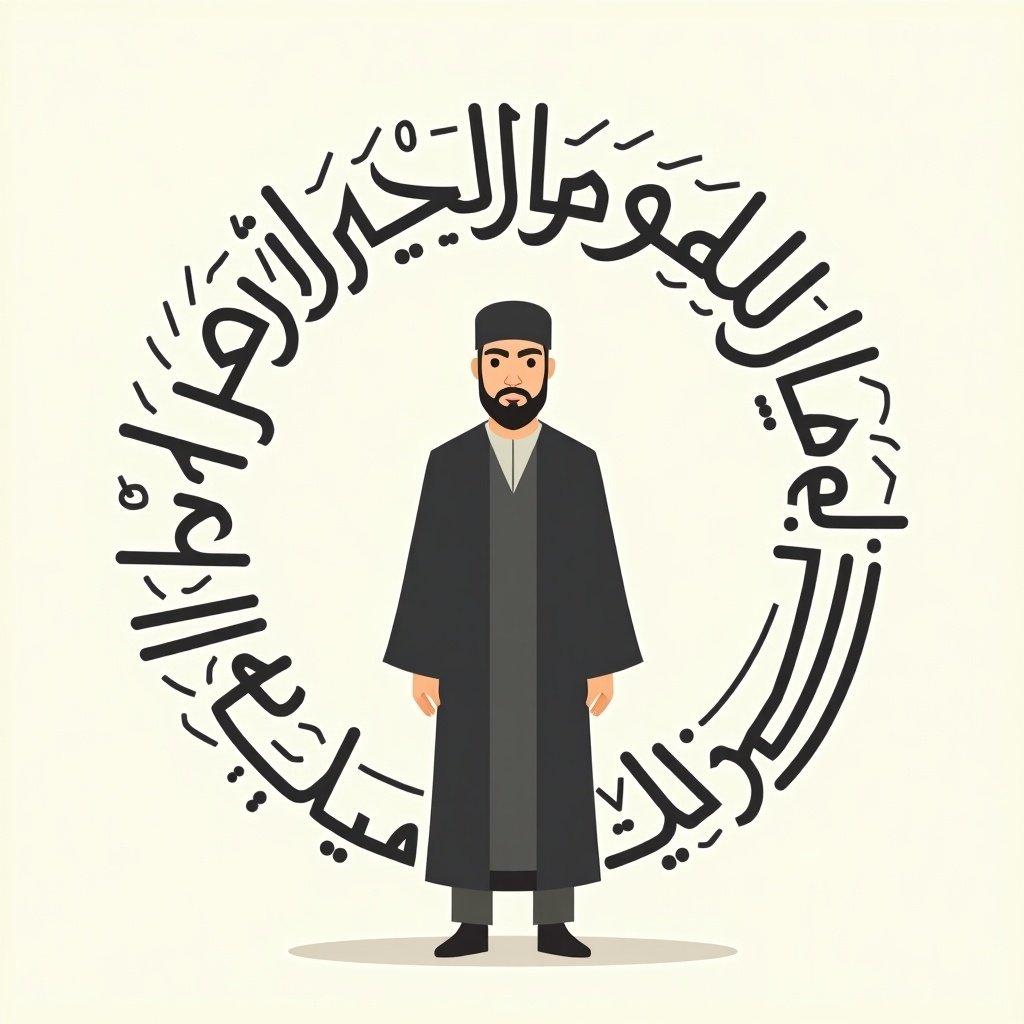 The image features a central figure of a man dressed in a traditional black robe. He stands upright with a neutral expression. Around him is a circular arrangement of Arabic calligraphy, creating a visually striking element. The text is clear and simple, emphasizing themes of community and animal welfare. The background is a soft beige, making the figure and calligraphy stand out. The design aims for readability and cultural relevance, focusing on the message without excessive styling.