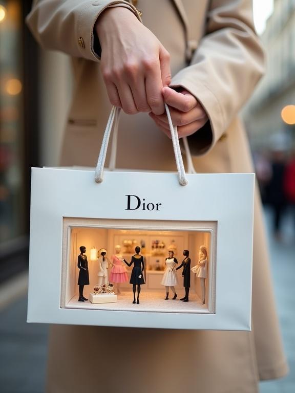 Woman holds a shopping bag containing a miniature Dior boutique. Miniature figures of women browse Dior dresses and perfumes. Outdoor Parisian-style background slightly blurred. Woman’s hands and beige trench coat top visible. Soft natural lighting creates an elegant feel.