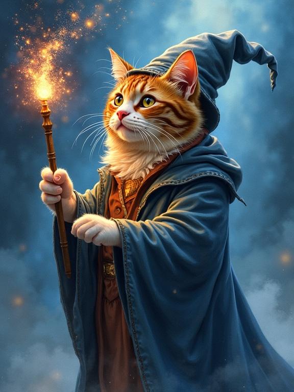 Colorful watercolor painting features a regal cat dressed as a wizard. The cat holds a glowing wand. Enchanted atmosphere enhances the magical scene.