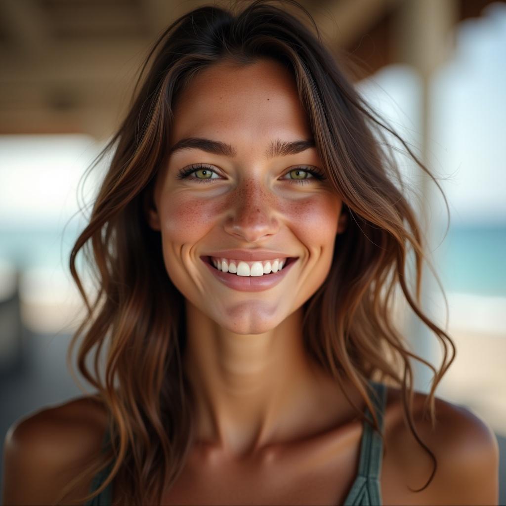 Image depicts a young woman in her mid-20s. She has long wavy brown hair and green eyes. The setting is a natural outdoor location. The pose is relaxed and casual, showcasing a friendly smile. Natural light enhances realistic skin texture with subtle freckles. Color palette is muted and desaturated.