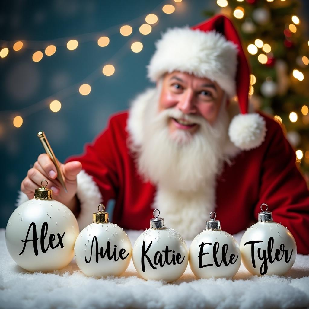 Santa Claus writes names on festive baubles. Background has snowy scenery. Christmas lights twinkle. Colorful and bright colors enhance holiday spirit. Baubles show names Alex, Katie, Elle, Tyler. Santa wears a joyful expression in his red suit.