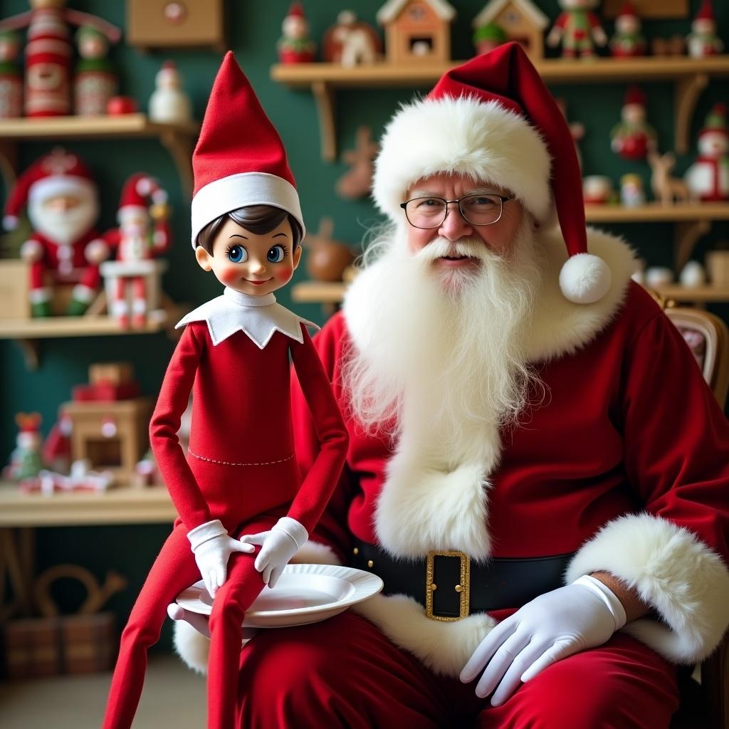 An Elf on the Shelf in a traditional red outfit with white trim and white collar is seated beside Santa in a brightly colored toy workshop, with an empty plate.