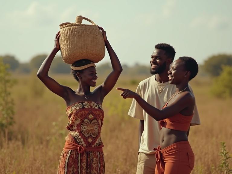 Image depicts an African lady carrying a basket on her head. She interacts with two individuals, a man and a woman, who are pointing and laughing at her. The setting is a natural outdoor landscape with warm sunlight.