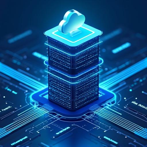 3D infographic showing AI-driven data analysis with blue and cyan color scheme featuring glowing elements and a central server rack. Flowing data streams and labeled components like Neural Network and Cloud Storage in a cyberpunk-meets-corporate style.