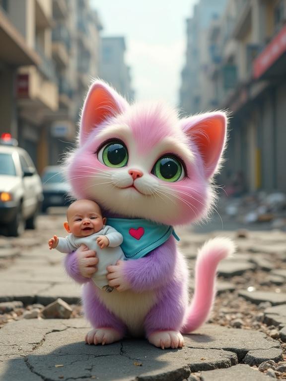 A devastated street with cracked pavement and debris after an earthquake. Fluffy anthropomorphic kitten Whiskers has pastel pink and lavender fur with large green eyes. Wearing a light blue bandana with a pink heart, the kitten holds a crying baby in white clothes. The background shows a collapsed police car and distant ambulance. The kitten's expression is filled with determination against the tense atmosphere.