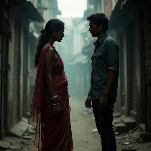 A young woman in a worn sari engages in a hushed exchange with a shadowy figure in a cramped Mumbai alley. Dim light reveals a delicate silver anklet on her foot. Another observer in denim watches, creating tension. The atmosphere is thick with spices and urban life, focusing on their interaction and surrounding grit.