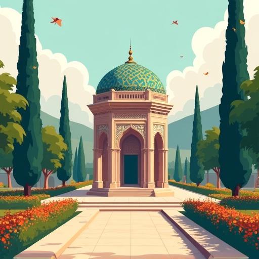 Artistic illustration of Hafez's Tomb in a Persian garden. Surrounded by flowers, orange trees, and tall cypress trees. Gazebo-like structure with ornate stone columns and a colorful mosaic dome. Soft, poetic color palette with turquoise and rose pink. Calm, mystical atmosphere with birds or falling petals. Minimalistic yet rich in Persian cultural ambiance.