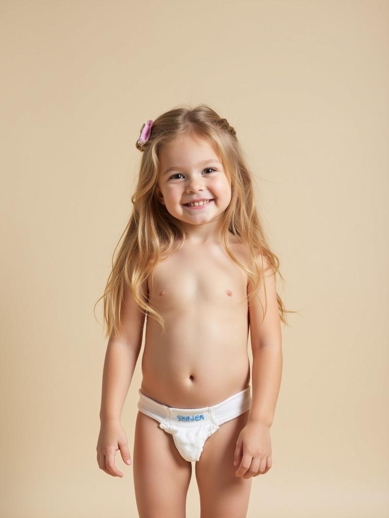 Girl with long blond hair stands before a beige background. She wears a white diaper. She has a sweet playful expression.