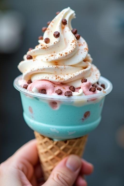 Ice cream in a cone with blue and pink swirls. Topped with whipped cream and chocolate chips. Hand holding the cone.