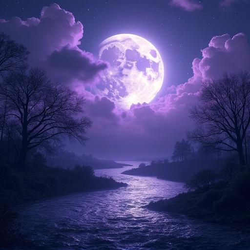 A dreamlike moonlit night in a fantasy world. The sky shines purple under a large glowing moon. A serene river flows through the landscape surrounded by trees.