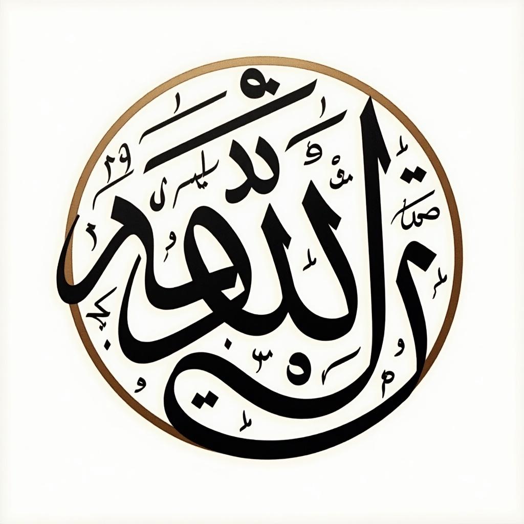 Elegant Arabic calligraphy art. Features 'راف الباب'. Circular design with intricate details.